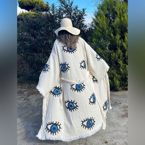 Handcrafted THIRD EYE 🪬🧿 ORGANIC KAFTAN Robe Cover Up Evil Protection Kimono - Picture 5 of 8